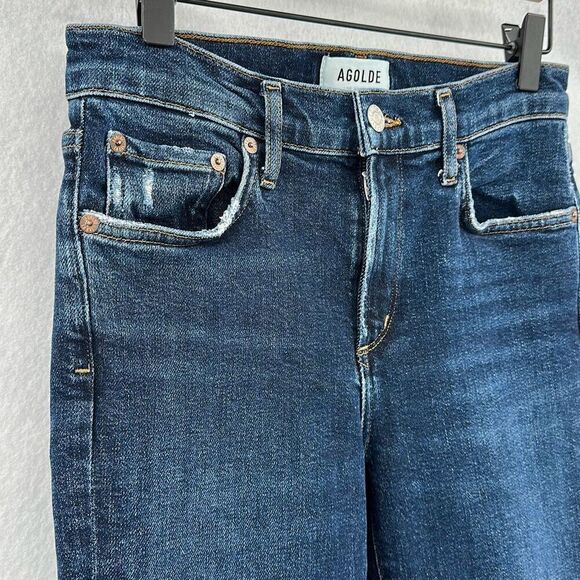 Agolde Sophie Dark Wash Blue High Rise Frayed Hem Stretch Denim Skinny Jeans Siz - Picture 8 of 10